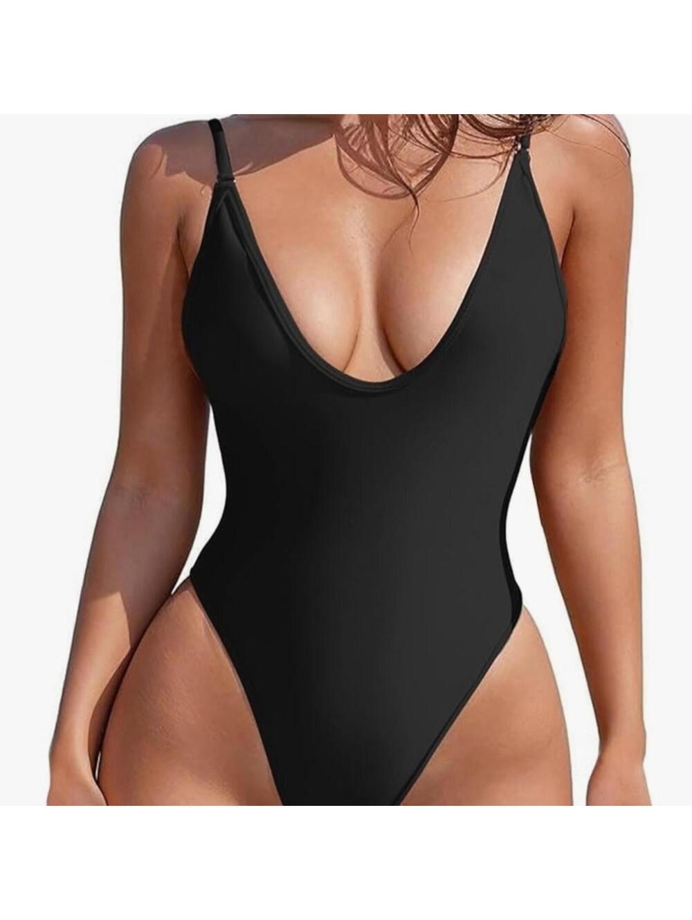 Black One-Piece Deep V Neck Swimsuit
